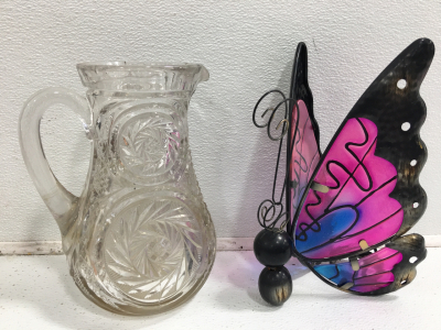 (1) Crystal Pitcher (1) Metal Butterfly Votive Holder