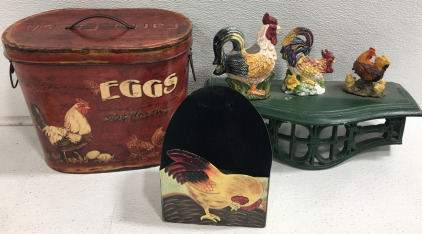(1) Rooster/Egg Tin W/Lid 9&rdquo; (1) Shelf W/3 Rooster Figurine (1) Rooster Tin