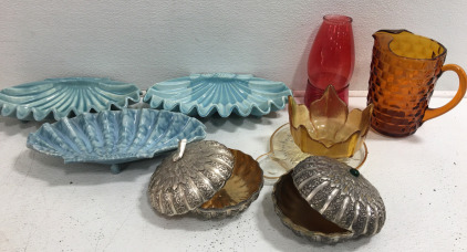 Beautiful Set of (3) Royal Haeger Shell Ceramic Platter R297 (2) Silver Bowls W/Top & More!!