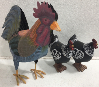 (1) Metal Rooster (2) Plastic Decorative Roosters