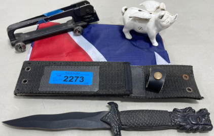(1) AR15 Detachable Carry Handle Duel Apetures A2 Rear Sight, (1) Black Dragon Knife W/ Sheath, (1) Cast Iron Piggy Bank, (1) 5&rsquo;-0&rdquo; x 3&rsquo;-0&rdquo; Confederate Flag