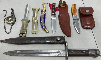 (1) Marbles Bone Handled Knife, (1) WWII Bayonet W/ Scabbard, (2) German Paratrooper Scissor Knifes W/ German Inscriptions On Scales And Blade, Plus Others