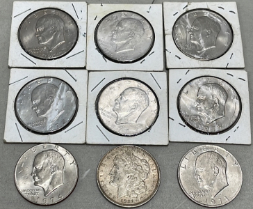 (1) 1921 Morgan Dollar (8) Eisenhower Dollar Coins Dated 1971-1977