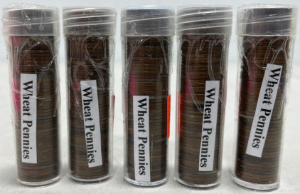 (5) Rolls of 50 Wheat Pennies Dated Between 1909-1958