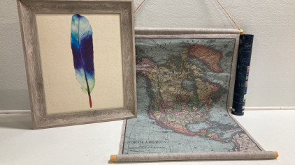 Fabric North American Map Wall Art, Scratch Off World Map, Framed Canvas Feather Print