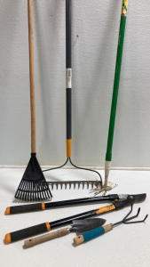 Pronged Garden Hoe, Metal Rake, Mini Plastic Rake, Shrub Clippers, Cultivator, Trowel