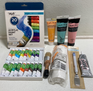 New and Used Acrylic Paint, Plastic Drop Cloth, Craft Spatula, E6000 Adhesive