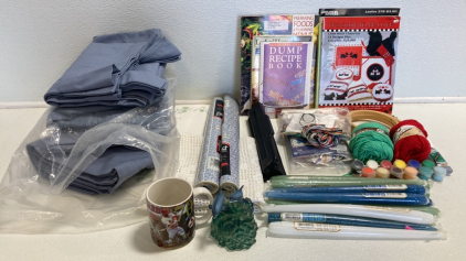 Dusty Blue Curtains, Cross Stitch Hoops, New Stick Candles, Shelf Liners, Placemats, Hole Punch, Large Storage Bin and more