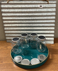 Solar Light Jars, Teal Tray, and Hanging Tin Decor