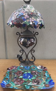 Working Tiffany Style Lamp with Stained Glass Shade and Decorative Stained Glass Serving Tray