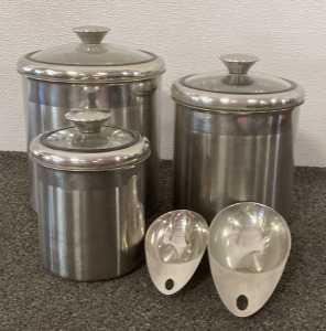 Dry Metal Kirkland Storage Containers (3 Different Sizes), and Metal Measuring Cups (1/2 C. & 1 C.)