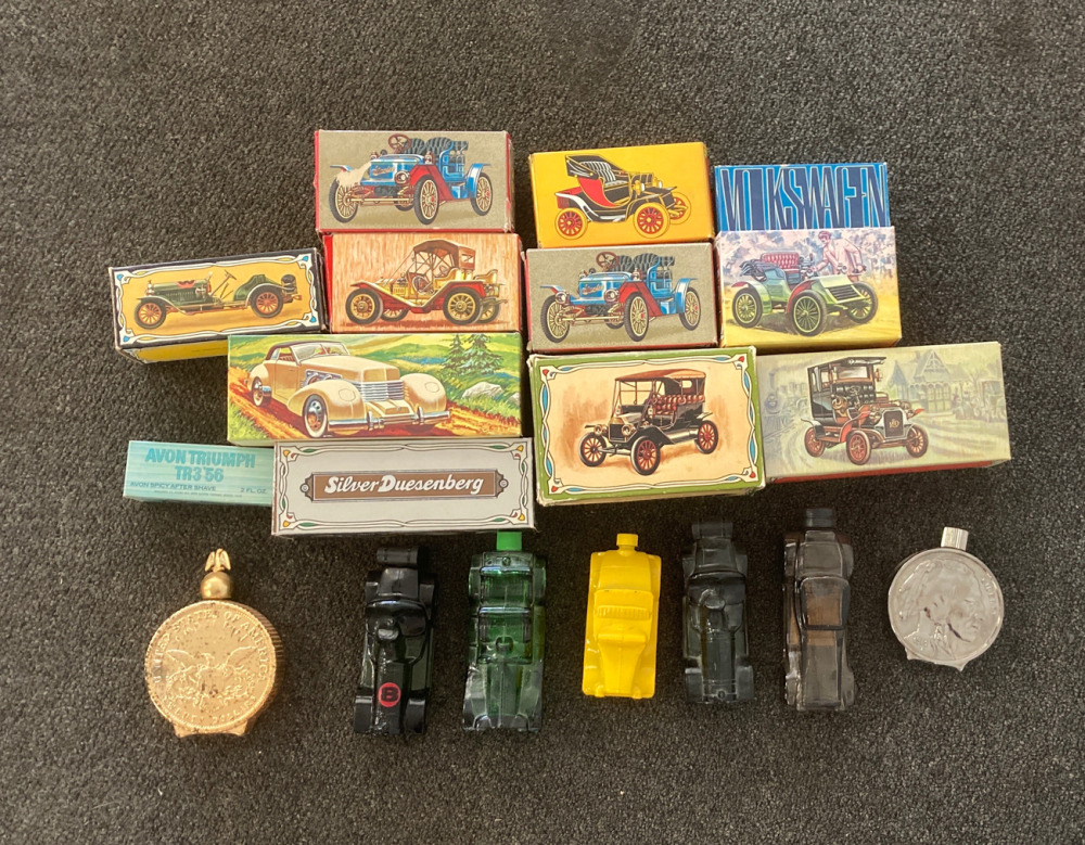 Vintage Car Colonge Bottles (12 in Boxes, 5 Without Boxes) and Coin