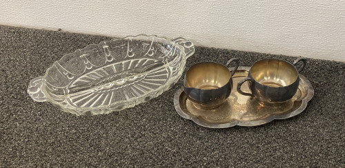 Silver Tea Tray ( Creamer and Sugar Dishes) and Hors D’Oeuvre Glass Tray