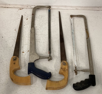 (2) Wooden Handle Hand Saws, (2) Plastic Handle Hand Saws