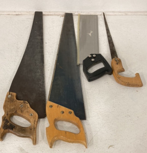 (3) Wooden Handle Hand Saws, (1) Plastic Handle Hand Saw With Blade Guard