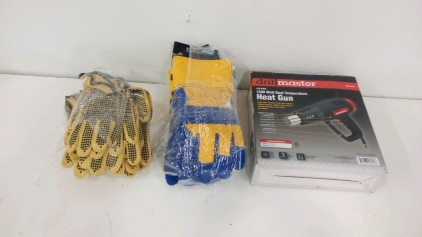 (1) DrillMaster 1500 Watt Dual Temperature Heat Gun (4) Pairs of Liberty Glove And Safety Leather Waterproof Gloves Size Medium (10) Pairs Kevlar Brand Fiber Gloves Size Medium