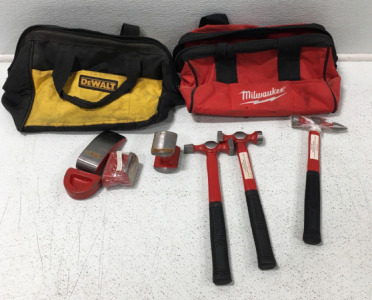 (1) Milwaukee Bag, (1) DeWalt Bag, (3) Red 3.5 IB mini Block Splitter Hammers With Fiberglass Handle