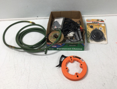 Brush Cutter Segadora, 50’ Steel Fish Tape 50 X 1/8 (15m x3mm), Green Compressor Hose, And All Packaging Items