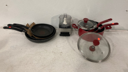 Assortment Of Skillets, Pots And Pans, 120V Cruisinart Mini Blender