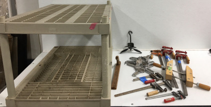 (1) Plastic Shelf Unit (14) Assorted Clamps