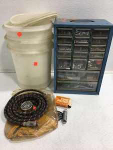 (1) Tire Pump Kit (1) Hardware Organizer (3) Plastic Buckets w/Lids
