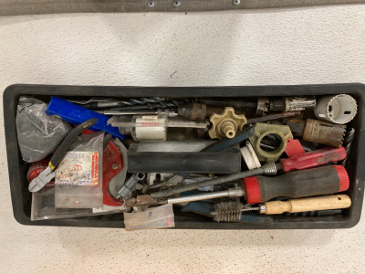 Large Plastic ToolBox With Lots Of Various Tools Including Sockets, Caulk Gun, Cobra Tubing Bender, Metalmaster Offset Snips