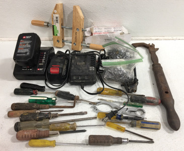 (1) Porter Cable Battery and Charger (1) Class II Battery & Charger (1) Pittsburgh 8&rdquo; Handscrew Clamp (20+) Assorted Screwdrivers & Tools and more!!