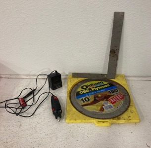 Drill Master Dremel, (1) L Shaped Metal Ruler, (1) Oldham OSB-Plywood 10&rdquo; Steel Blade (180 Tooth)