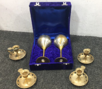 Beautiful Blue Case With (2) Goblets and (4) Candle Holders