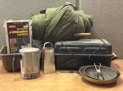 Sleeping Bag, Lantern, Pans, And More