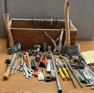 Wood Tool Box W/ Files, Wrenches, Axes, And More