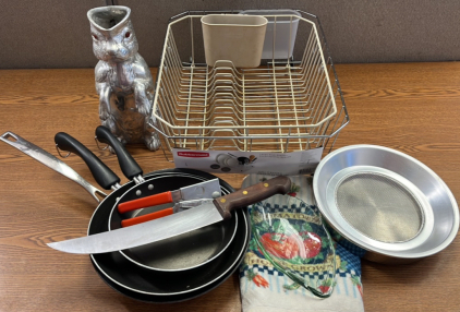 Pans, Dish Drainer, Towel, And More