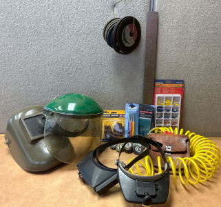 Shop Tools Including Welding Helmet, Air Hose, Electrical Hardware And More