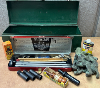 Green Metal Toolbox, Gun Cleaning Kit And Duck Calls