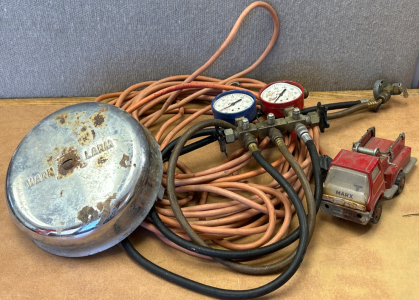 Antique Alarm, Metal Toy Truck, Extension Cord And Everkool Manifold Gauge Set