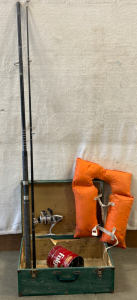 Fishing Pole, Life Vest, Reel And Lead Weights