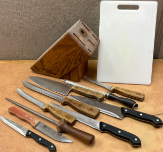 Chicago Cutlery Knife Block With (4) Knives And Sharpener As Well As Other Knives And Board