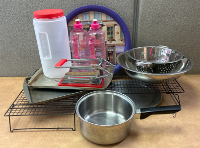 Kitchen Goods Including: Stainless Steel Bowl, Baking Trays And Racks, Pot, And More