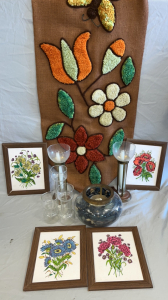 (4) Framed Flower Prints, Candles Holders, A Carpet Tapestry, And More