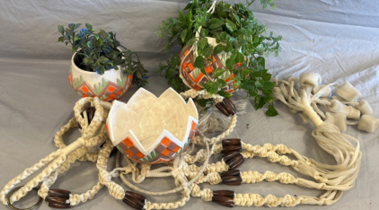 Ceramic Pots W/ Fake Plants And Hangers