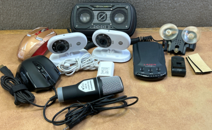 Computer Mice, Motorola Cameras, Microphone, Goal Zero Speaker And Laser Radar Detector