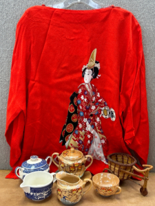 Oriental Inspired Shirt, Collectible Sugar and Creamer Sets And Mini Bike With Basket