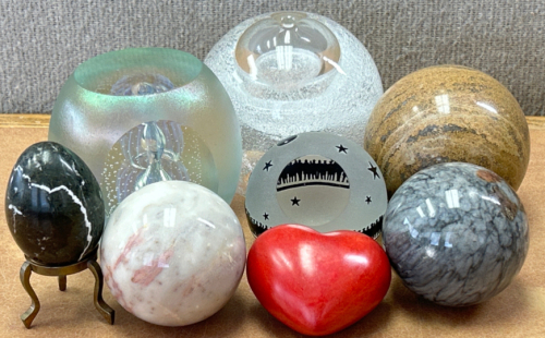 (3) Decorative Glass Spheres, (3) Marble Spheres, Marble Heart And Egg