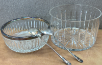 (3) Piece Silver plated Serving Set and A Large Glass Candy Dish