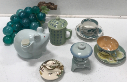 Decorative Glass Grapes, (2) Tea Cups And Plates And More
