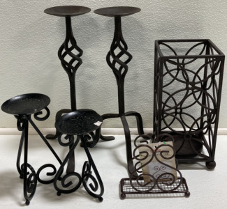 (5) Assorted Metal Candle Holders, (1) Metal Napkin Holder