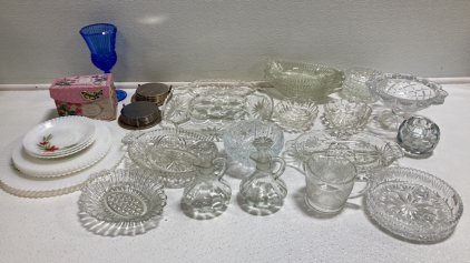 Assorted Glass Serving Dishes and Candle Holders, Silver Coasters