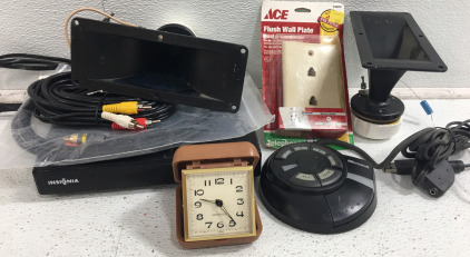 (2) Speakers (1) Insignia Converter Box (1) Microsoft SideWinder Game Voice (1) Clock & More