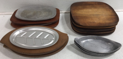 (5) Large Wood Dinner Plates (2) Rectangle Wood Plates w/Hot Plate (2) Oval Wood Plates W/Hot Plates (3) Metal Hot Plates