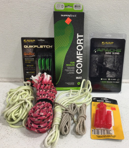 (1) NAP Apache Bow Sling (1) Superfeet Run Insoles Sz 7.5-9M (1) NAP Quickfletch QuickSpin Vanes and More!!
